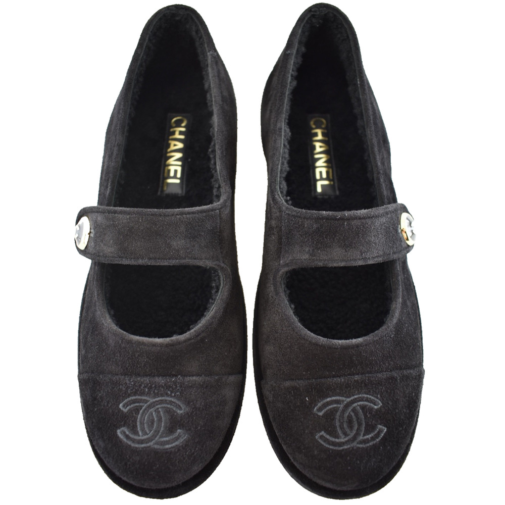 Chanel 25B Black Suede Shearling Fur Mary Jane Moccasin Ballet Loafer Flat 39